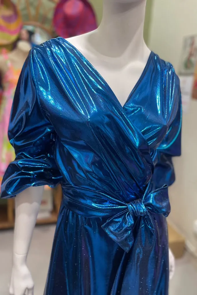 Lara Wrap Frill Dress with Long Sleeves in Metallic Blue