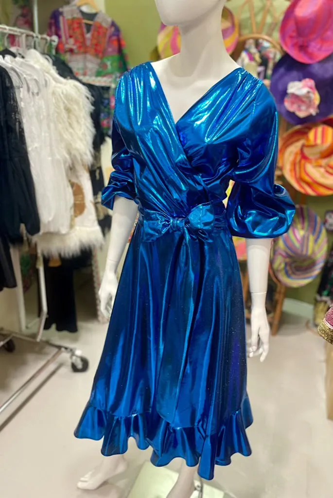 Lara Wrap Frill Dress with Long Sleeves in Metallic Blue