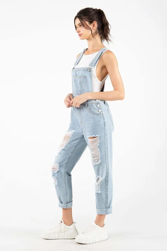 Light Blue Distressed Raw Edge Cuffed Hem Stretch Overall