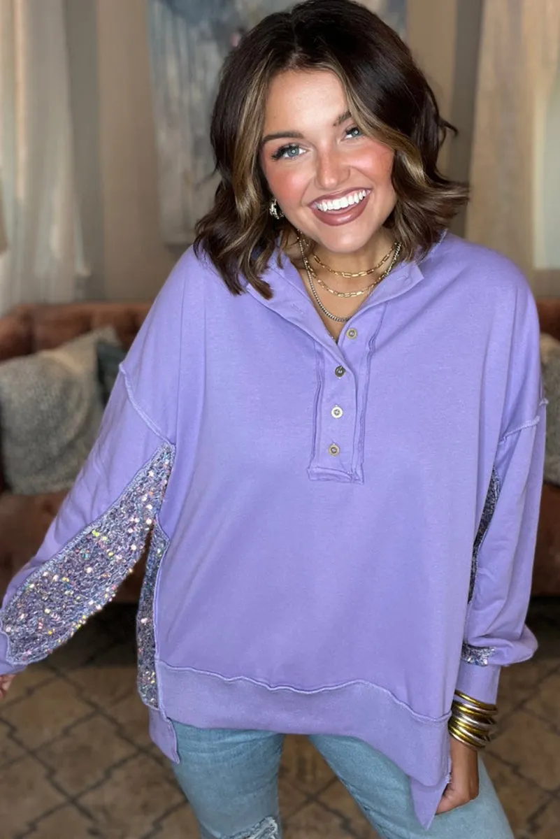 Lilac Sequin Henley Sweatshirt