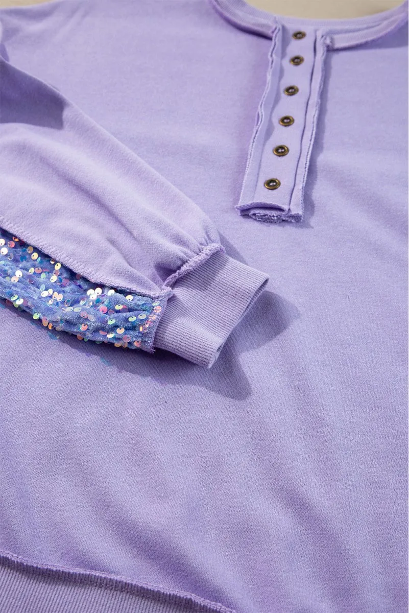 Lilac Sequin Henley Sweatshirt