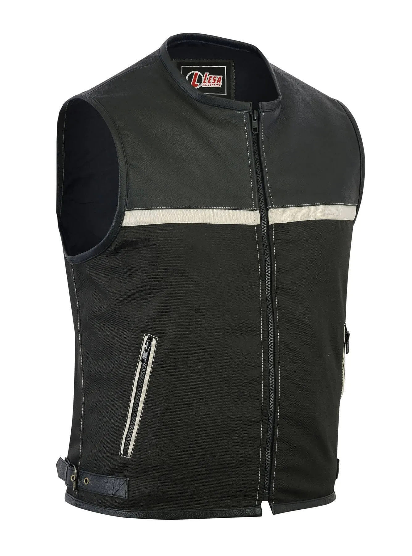 Mens Motorcycle Leather Codura Textile Motorbike Vest Black Light Beige