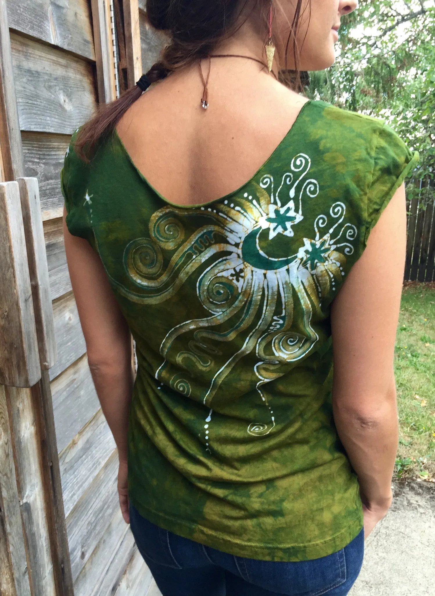 Moon Beams In Dancing Green Batik Top