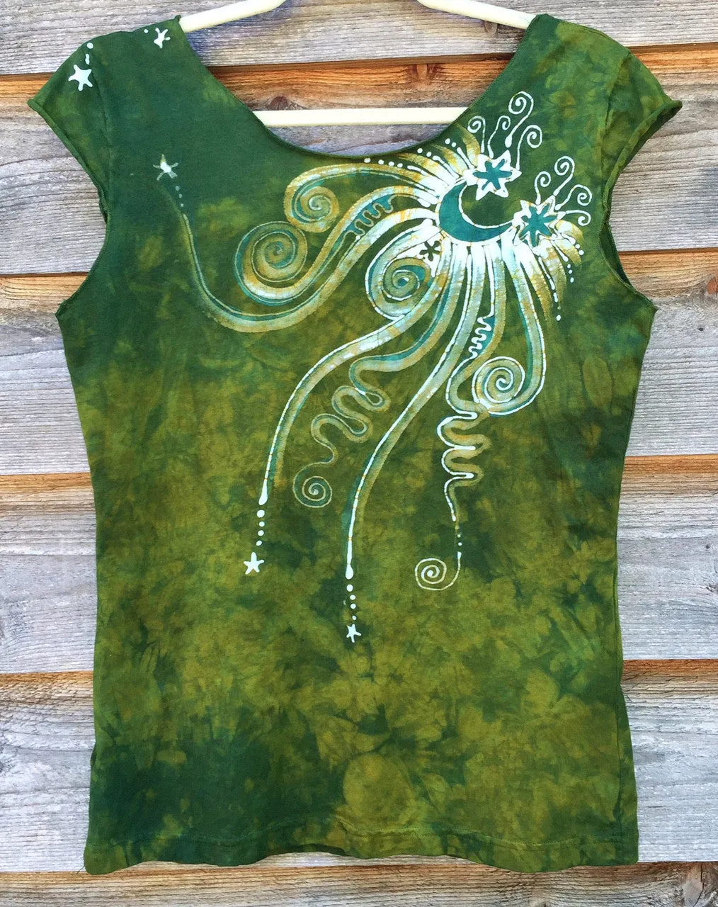 Moon Beams In Dancing Green Batik Top