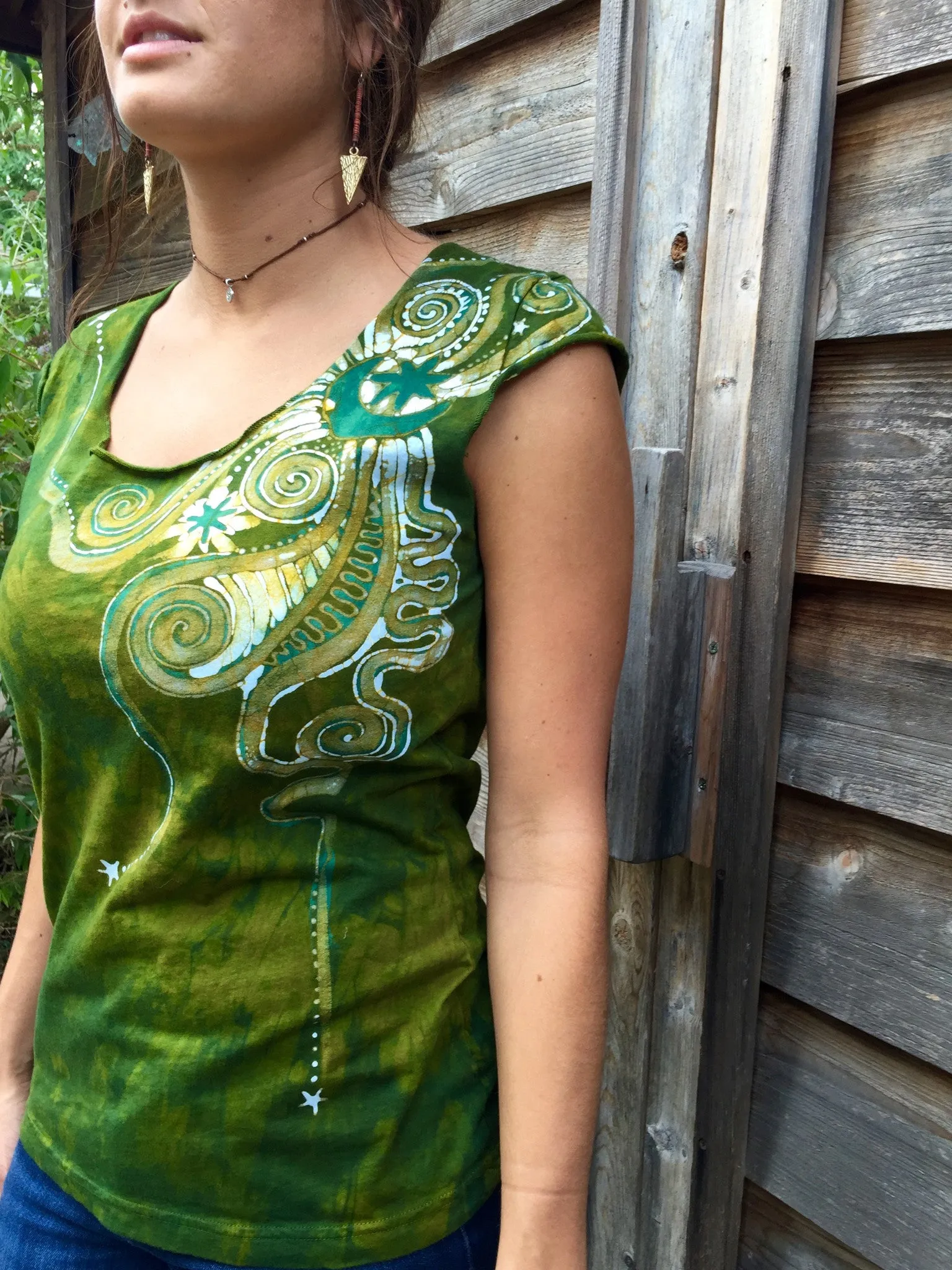 Moon Beams In Dancing Green Batik Top