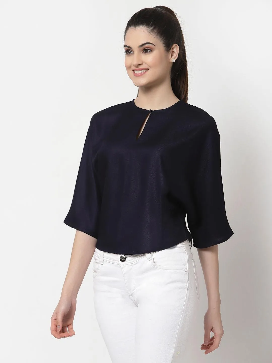 Navy Blue Solid Crepe Blouson Top