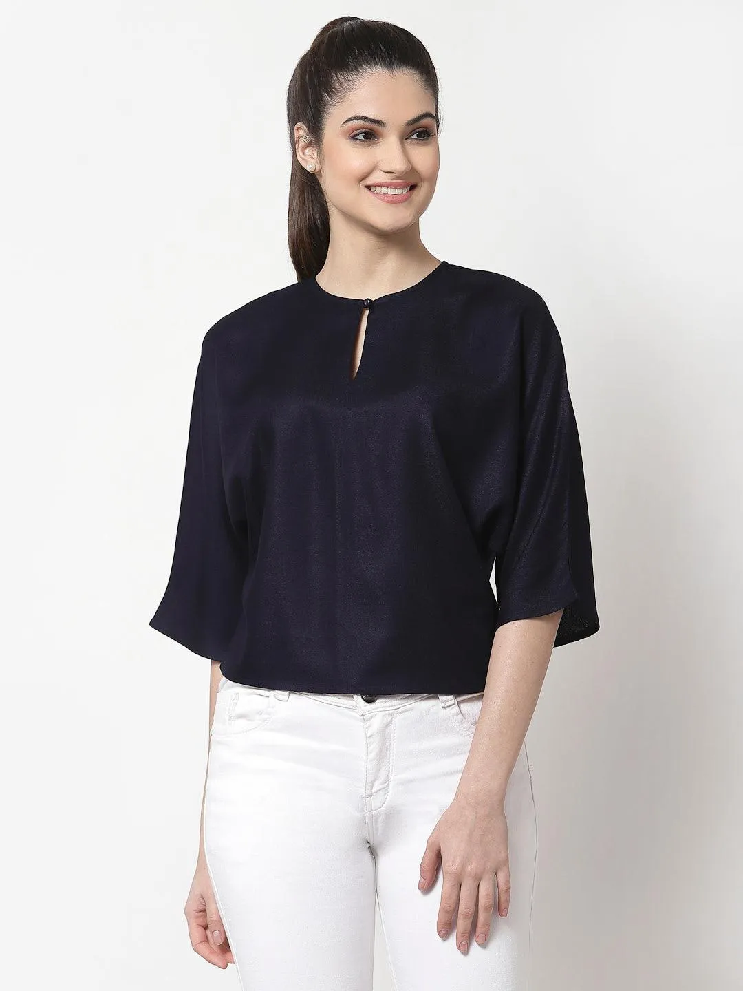 Navy Blue Solid Crepe Blouson Top