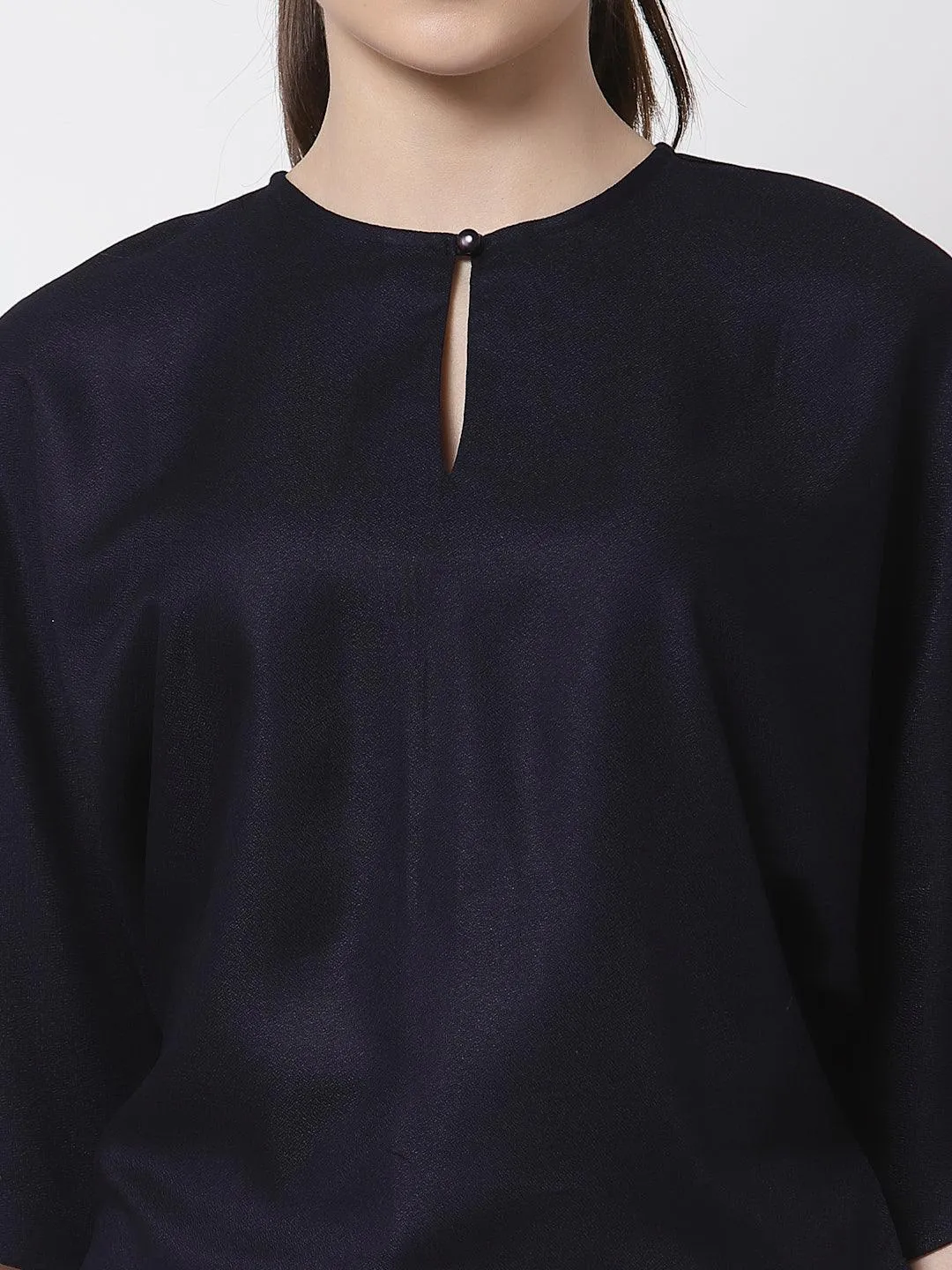 Navy Blue Solid Crepe Blouson Top