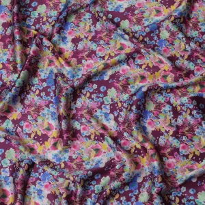 Plum Purple Floral Silk Satin Fabric with Mirror Work - 110 cm Width-D20277