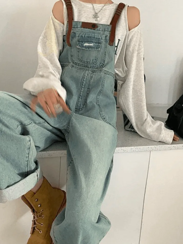 Retro Contrast Cargo Bib Jeans