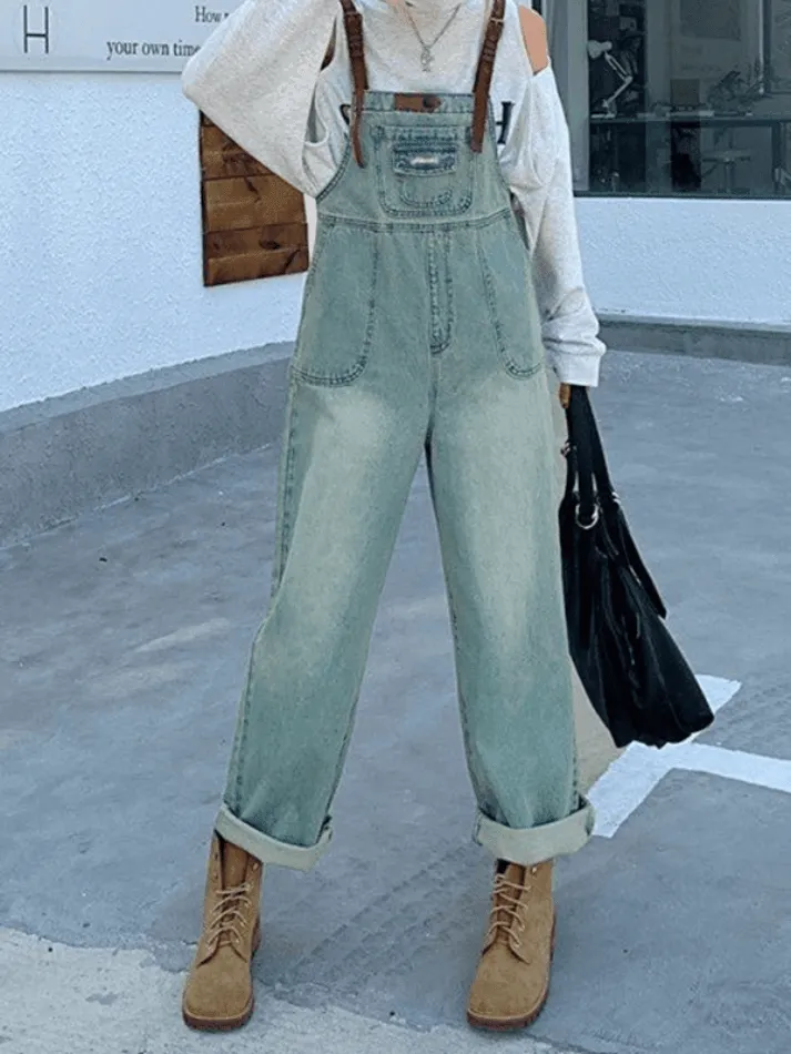 Retro Contrast Cargo Bib Jeans