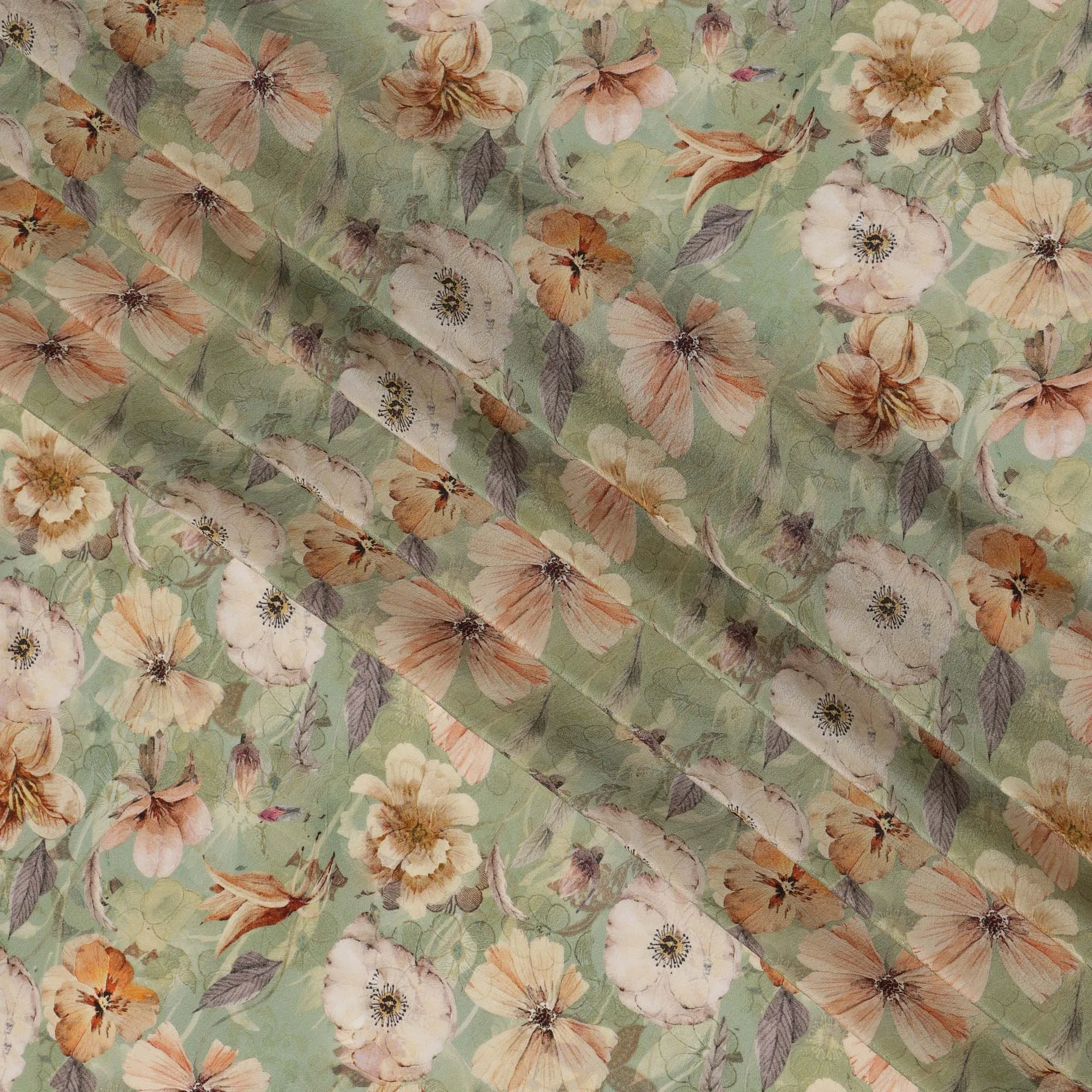 Sage Green Viscose Digital Printed Fabric with Floral Motif Design, 110 cm Width-D21326