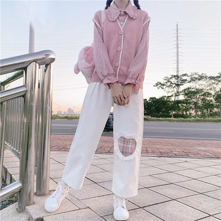 Soft Girl Cute White Heart Plaid Embroidery Pants