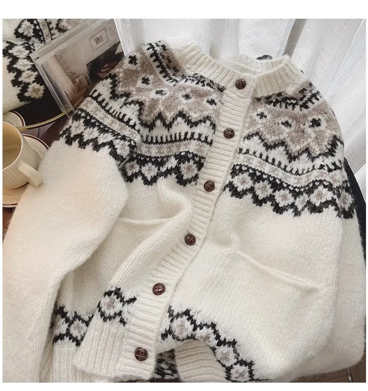 Vintage-style round-neck sweater jacket for women jacquard long-sleeved knitted cardigan        S4796