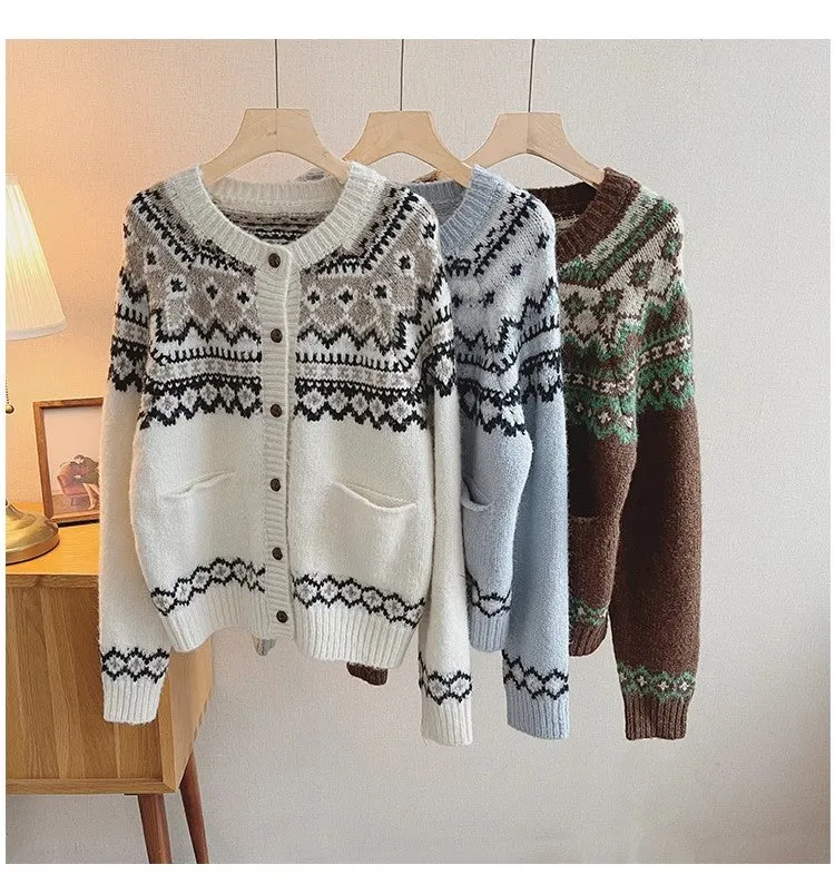 Vintage-style round-neck sweater jacket for women jacquard long-sleeved knitted cardigan        S4796