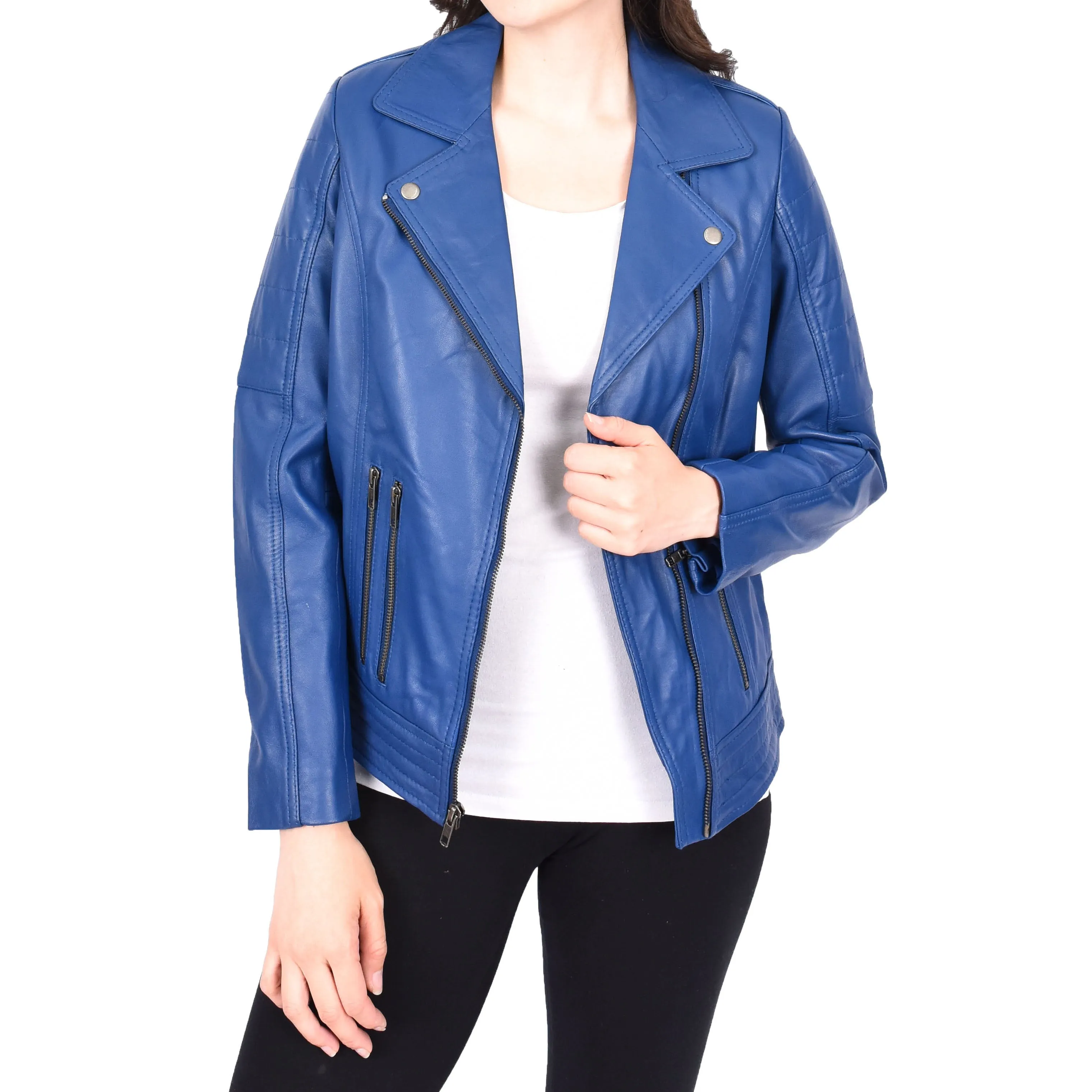 Womens Genuine Soft Blue Leather Biker Style Jackets Fitted Zip Fasten Wendy