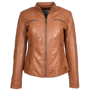 Womens Soft Tan Leather Biker Jacket Fitted Quilted Casual Cafe Racer Style Zip Fasten Fiona