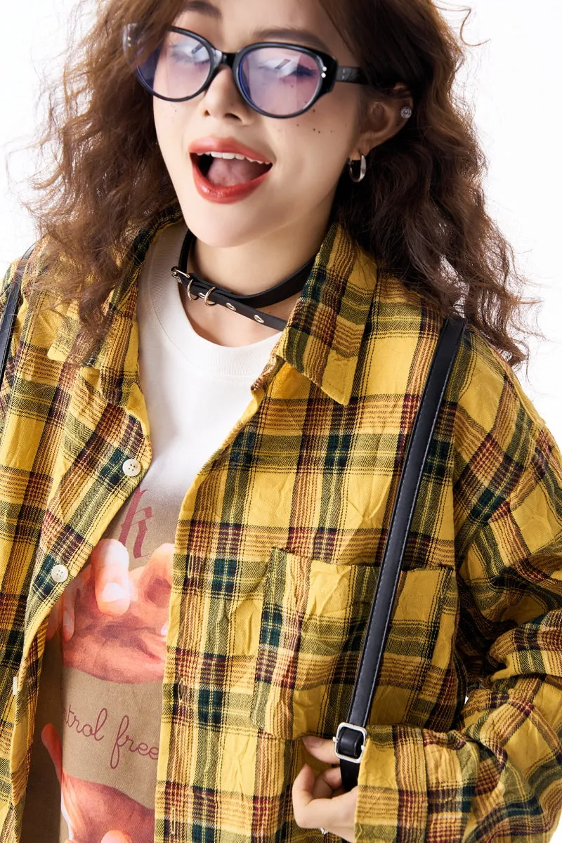 Yellow Plaid Irregular Pleated Long Sleeve Shirt