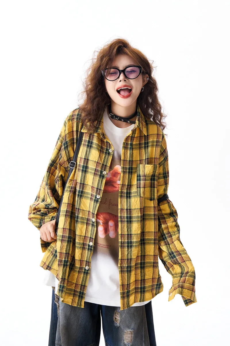 Yellow Plaid Irregular Pleated Long Sleeve Shirt