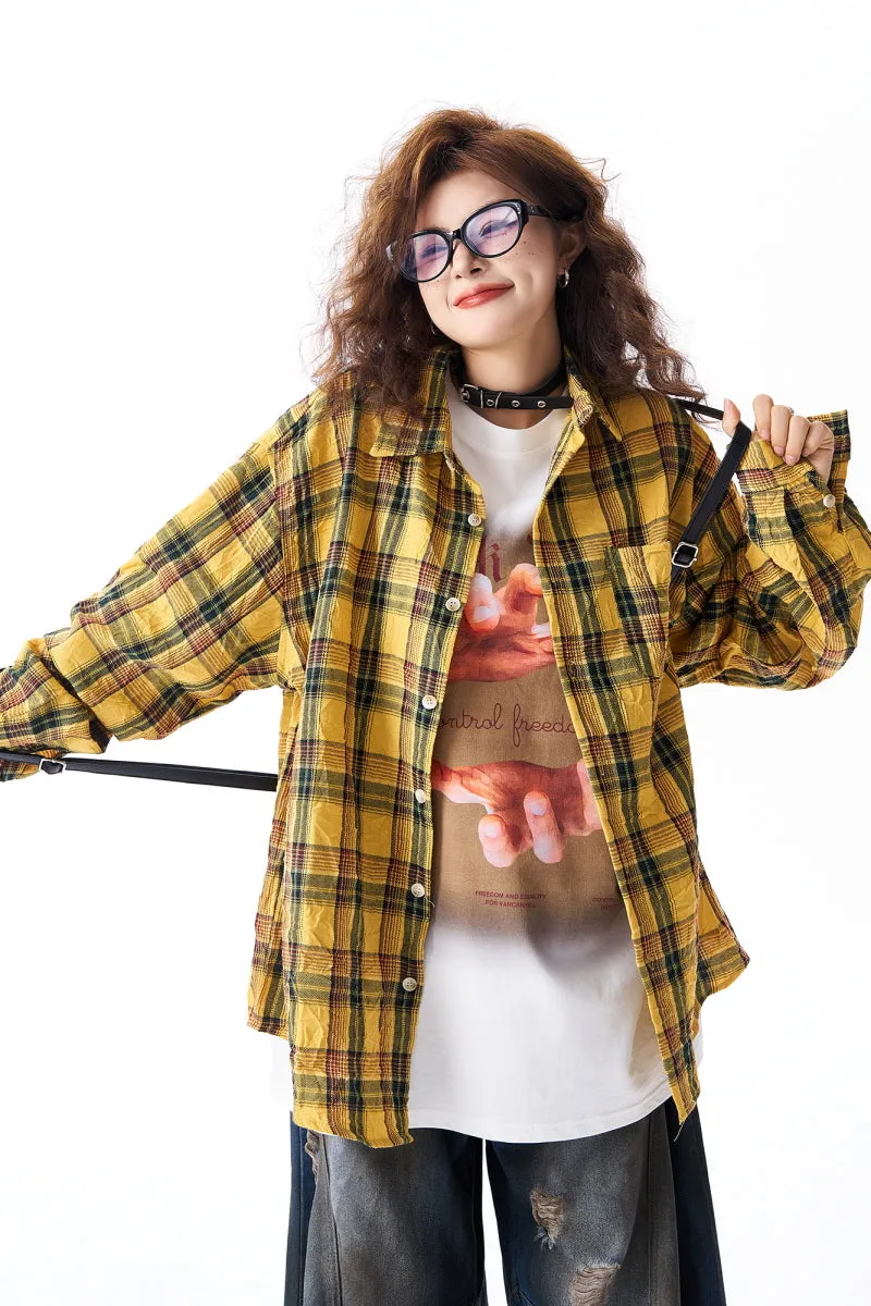 Yellow Plaid Irregular Pleated Long Sleeve Shirt